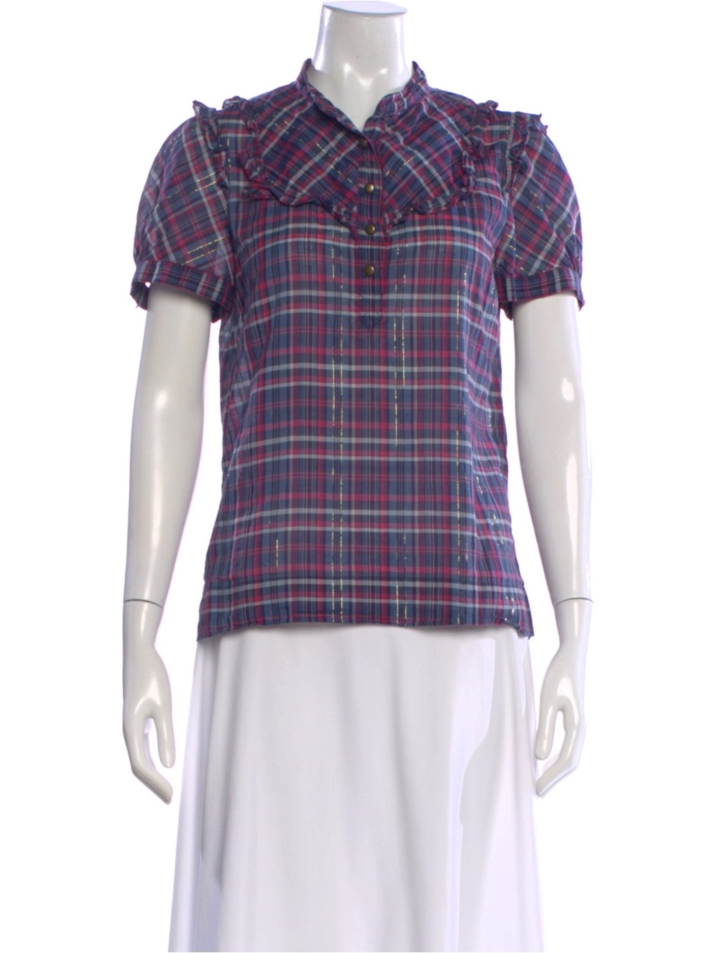 Plaid Short-Sleeve Ruffle-Yoke Top - Pink/Blue